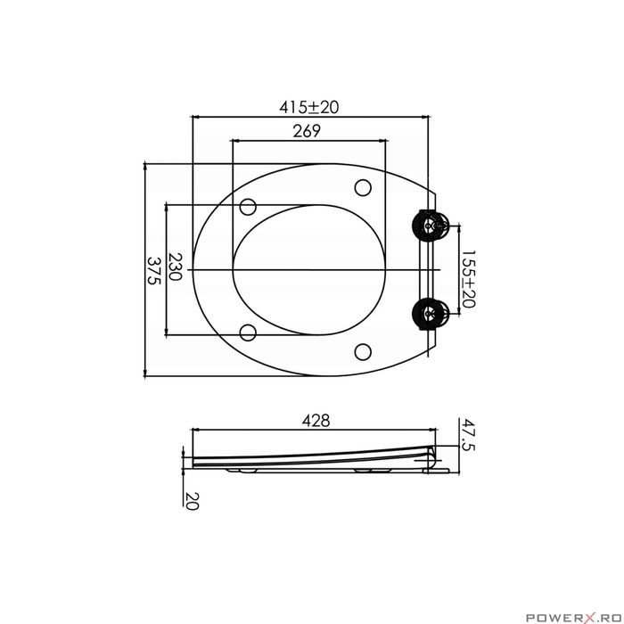 Capac de WC alb-negru, inchidere silentioasa, duroplast, 37,5x42