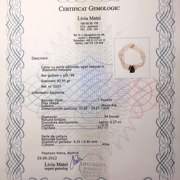 Colier chocker, perle cu boulder opal superb, aur si diamante, certif.