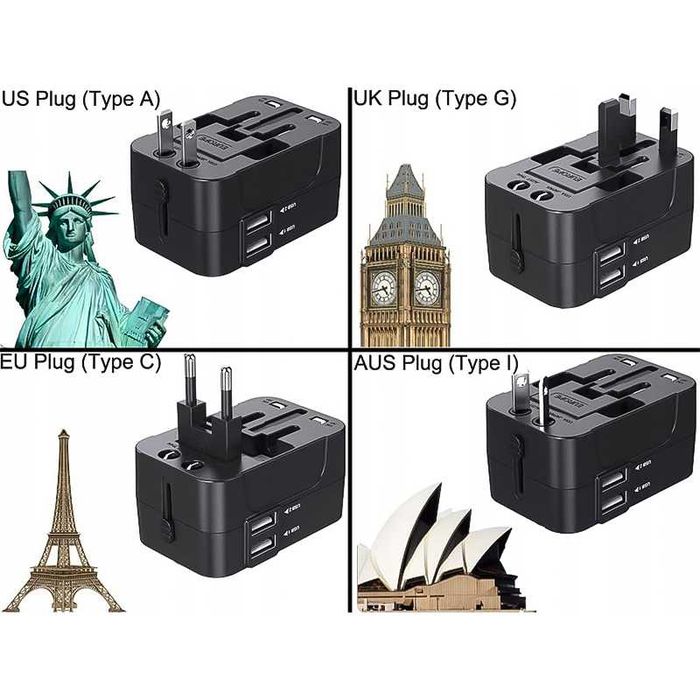Разклонител КУБ, 4 международни контакта UK, USA, EU, AUS с 2x USB