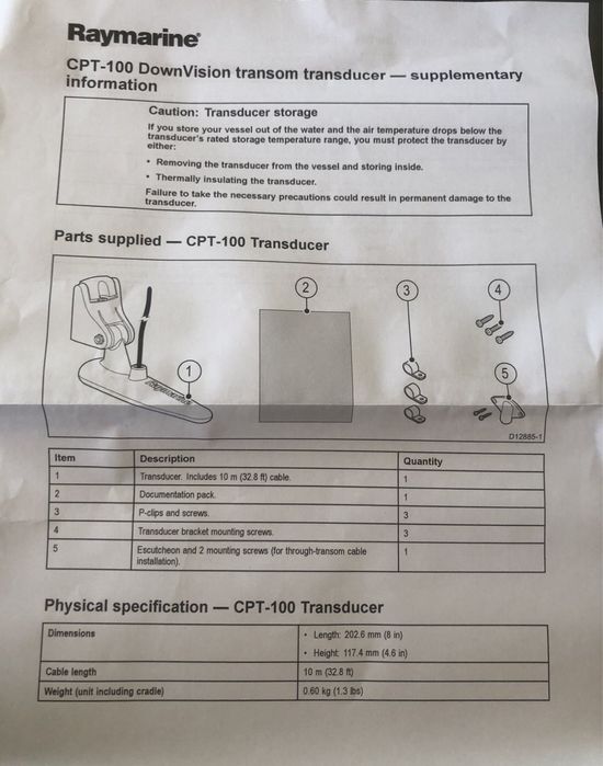 Raymarine - CPT-100 CHIRP сонда за монтаж на транец