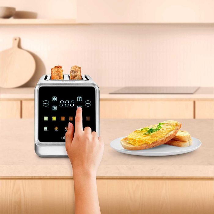 Ufesa One Touch Duo Plus, 1400W дигитален тостер, 2 слота, LED дисплей, 6 нива, хляб, мъфин, гофрета, затопляне, размразяване, памет, тавичка за трохи