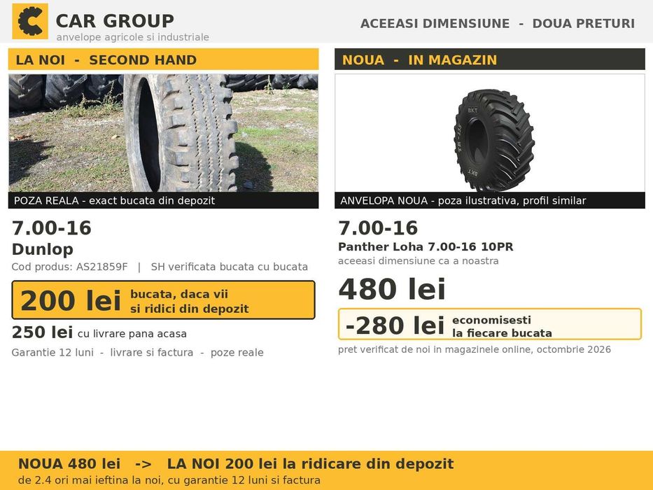 Anvelope Cauciucuri 7.00-16 7.00 16 7.00R16 7.00x16 70016 Dunlop Remorca Implement Flotatie SH Second Hand IEFTIN Garantie 1 An Factura Livrare Rapida