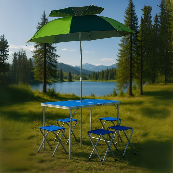 Къмпинг комплект 3 в 1: Сгъваема маса с 4 стола и чадър – лек, компакт