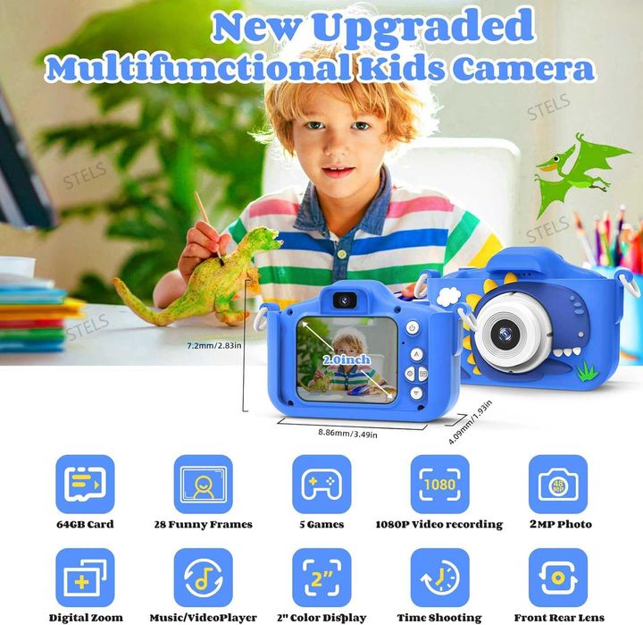 Детски фотоапарат STELS X350, 64GB карта, Селфи, Full HD, Игри