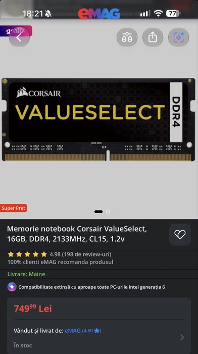 16GB DDR4 2133MHz Corsair ValueSelect - Laptop
