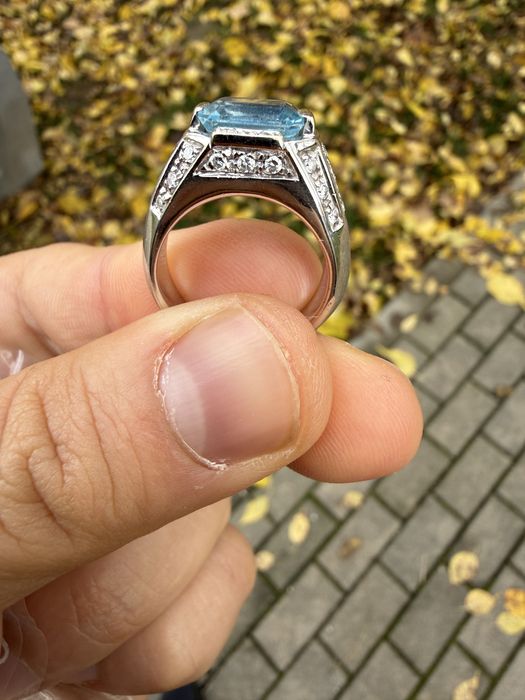 Inel aur 18 k acvamarin  natural de  Brazilia si diamante naturale