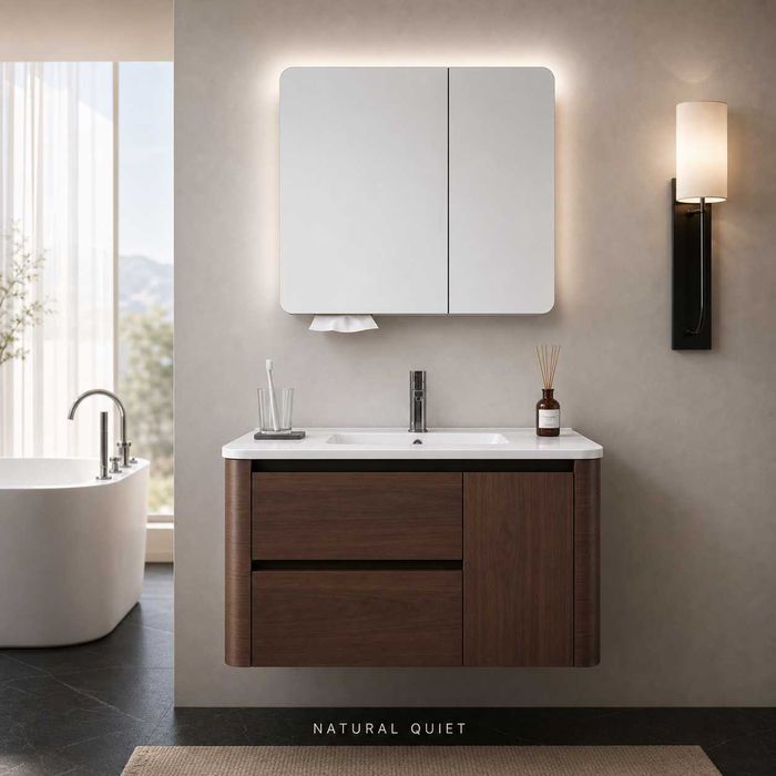 Луксозен шкаф за баня от водоустойчиво инженерно дърво 2801 (Walnut Balance) със заоблен дизайн и смарт огледало