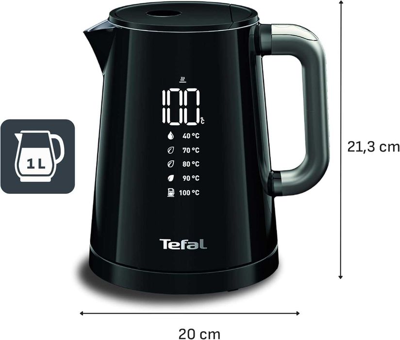 Tefal Smart'n Light 1L кана с избор на температура и функция за поддържане на топлината, цифрова кана с LED дисплей, бързо загряване,  1 ЛИТЪР