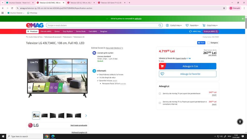 TV LED FullHD  108 cm - Garantie + suport perete