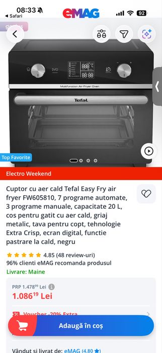 Cuptor electric Airfryer Tefal Easy Fry 20L, 10 programe