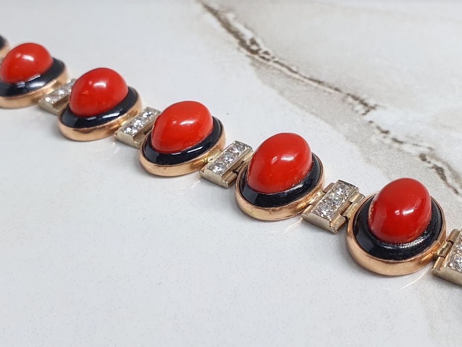 Brățară din aur de 14K cu diamante și coral roșu – 20 cm – 41,10 g