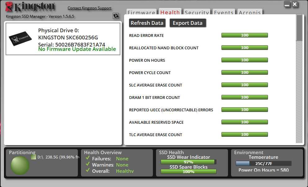 SSD Kingston KC600 256GB SATA III – 97% Health – Testat – 562 MB/s