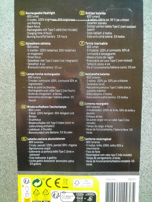 Lanterna led reincarcabila, 800 lumeni, carcasa aluminiu