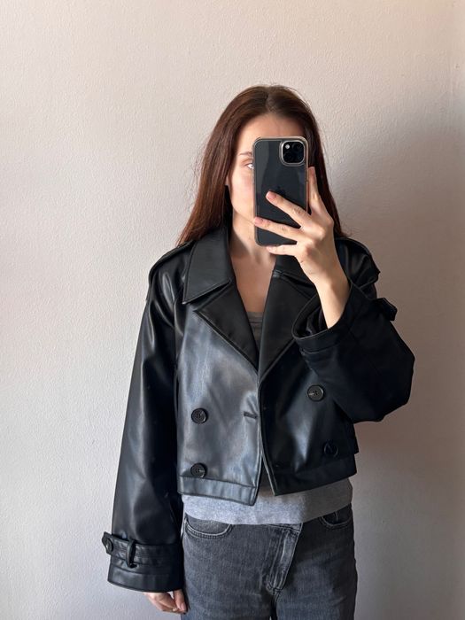 Черен кожен скъсен тренч ZARA – нов