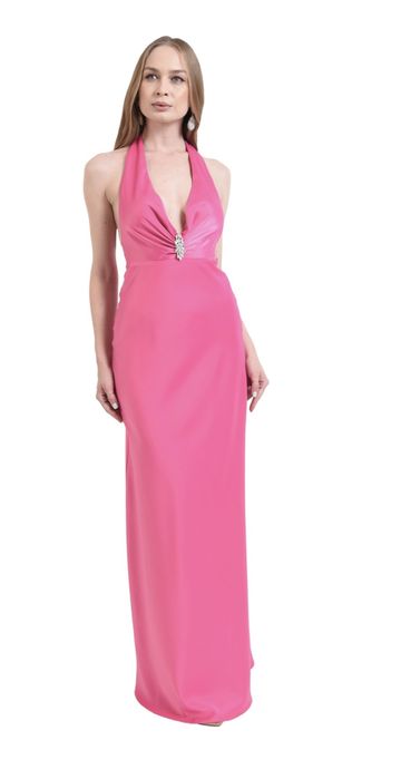 Rochie lunga elegantă fucsia cu broșa la talie-Poema