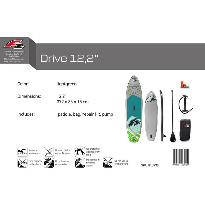NOU Paddleboard SUP-Board F2 Drive (2026) SUP Stand Up Paddle 372x85x15 cm 12,2 Lightgrey cu accesorii greutate maxima admisa: 160kg