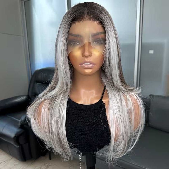 Елегантна сребристо руса перука с тъмни корени - 13×4 Lace Front