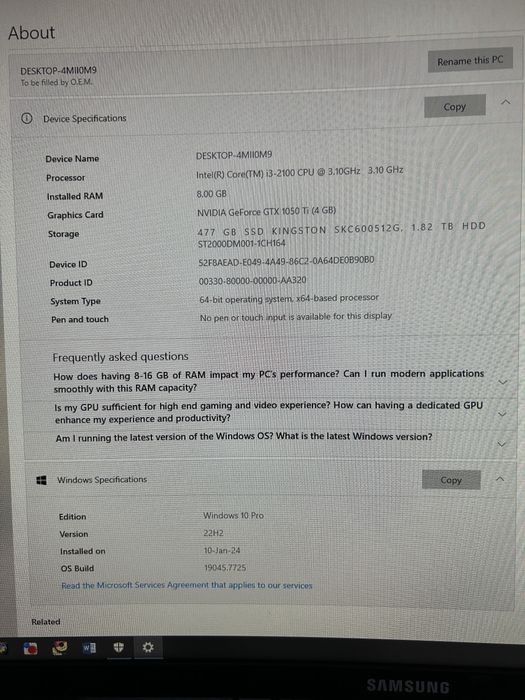 PC Desktop + Monitor Samsung, GTX 1050 Ti 4GB, SSD 512GB + HDD 2TB, 8GB RAM