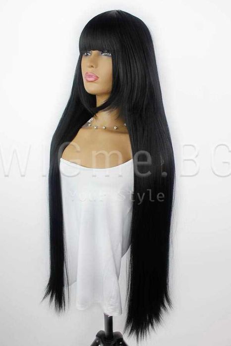 Екстра дълга права черна перука с бретон Ирен - 101 см.