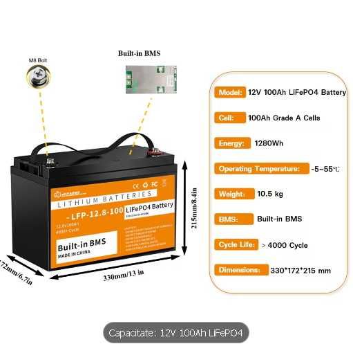 Baterie Litiu Lifepo4 12v 100 ah pentru Rulote Barca Sistem Audio
