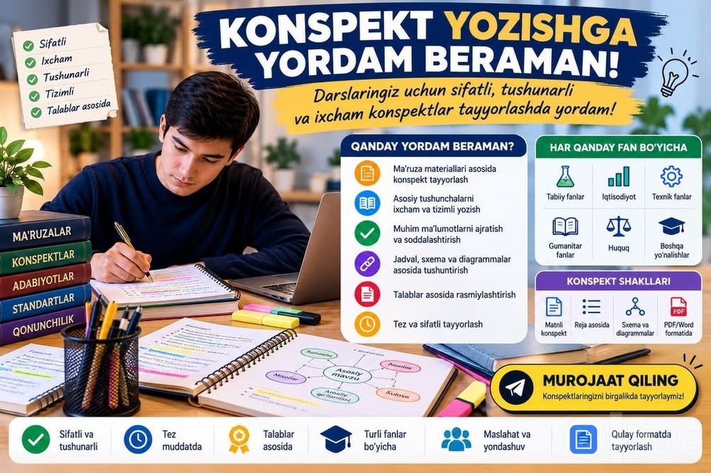 Konspekt yozishga yordam beramiz.