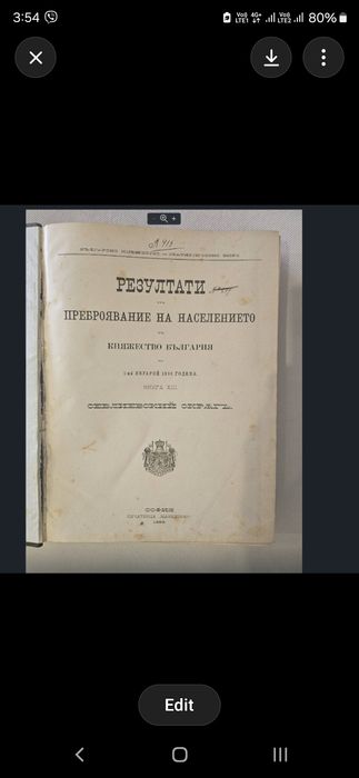Антикварна книга- Резултати от преброяването на  населението в Княжество България от 1 януари 1893 год.