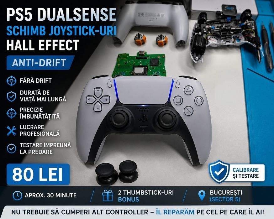 Schimb Joystick-uri PS5 DualSense Hall Effect (Anti-Drift) – 80 Lei | București
