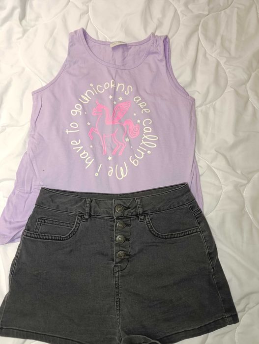 146/152 Лот потник в лилаво и къси дънкови панталонки