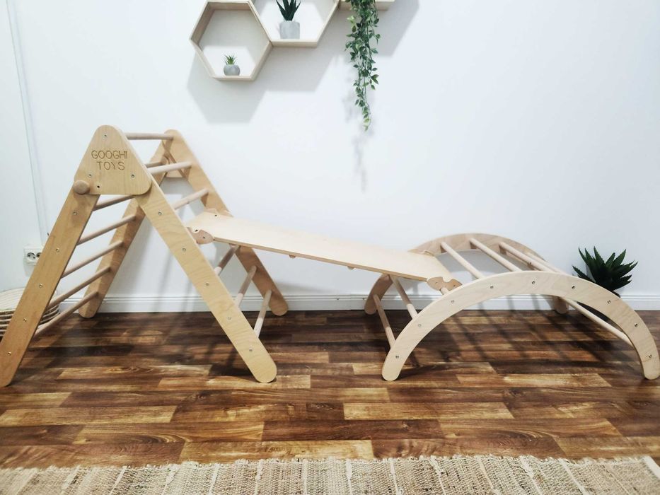 Set 3in 1 Triunghi Pikler cu rampa si tobogan