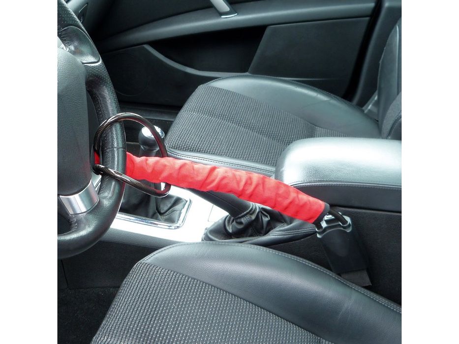 Antifurt auto pentru volan cu prindere in centura de siguranta, cablu din otel calit 70 cm, 2 chei, rosu/negru