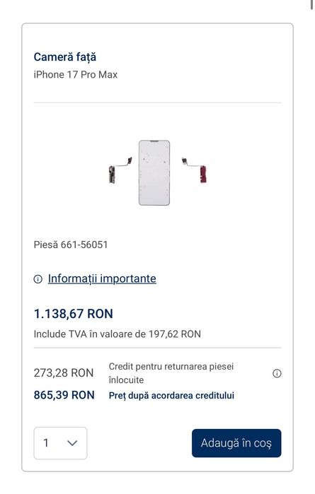 Camera frontala TrueDepth FaceID iPhone 17 Pro Max
