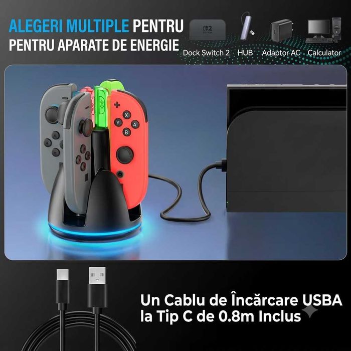 Stand de incărcare pentru controllere Nintendo Switch 2, Iluminare RGB, cablu USB-C inclus, negru