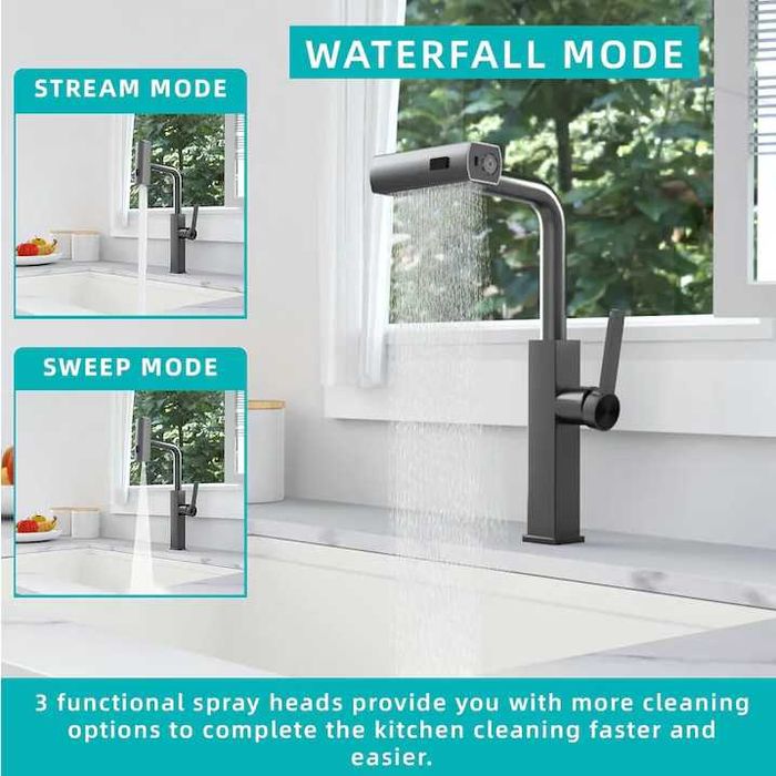 Robinet bucatarie curgere tip cascadă, jet, spray, duș extractibil