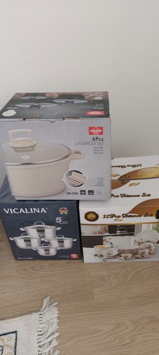 Набор посуды чайный 32 предметов. Набор кастрюлю 4 шт, Набор казанов 3