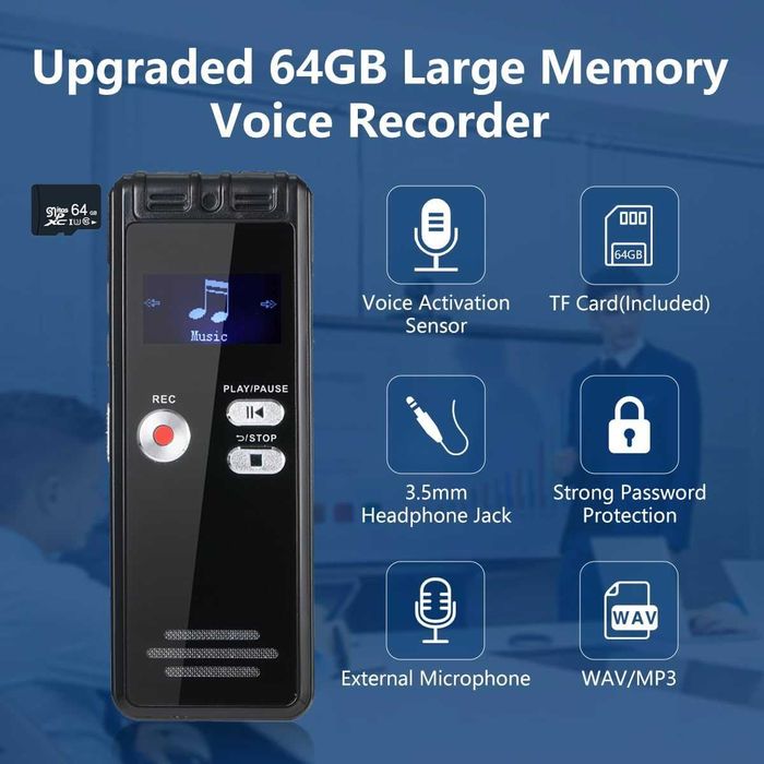 64GB цифров диктофон с гласово активиране и възпроизвеждане