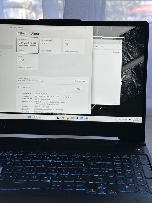ASUS TUF Gaming A15 Ryzen 5 7535HS, RTX 3050 4GB, 16GB DDR5, 512GB SSD, 144Hz - 12 cicluri incarcare
