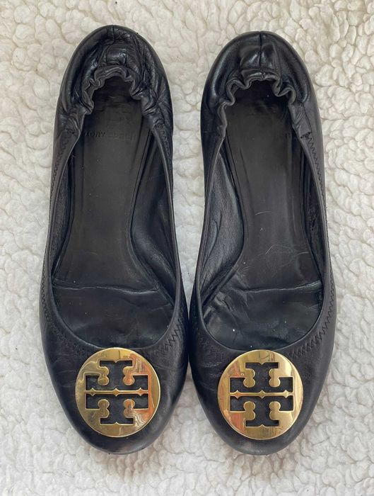 Balerini negri dama piele naturala Tory Burch logo auriu opinci fete