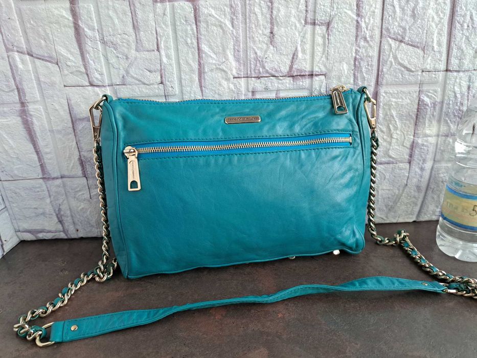 дамска чанта,малка кожена чантичка Rebecca Minkoff -естествена кожа,синя
