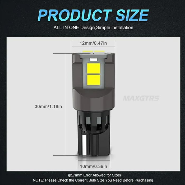 Set Două Becuri Led T10-W5W Can-bus 100% Lumină Galbena  Sau  Alb-Rece