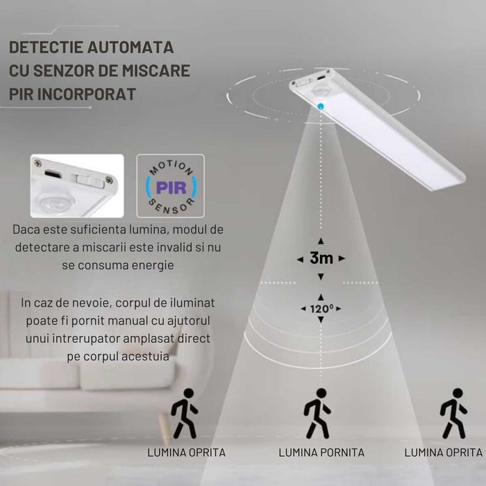 Lampa LED SLIM cu senzor miscare, suport magnetic - 20/30/40/60/80 cm