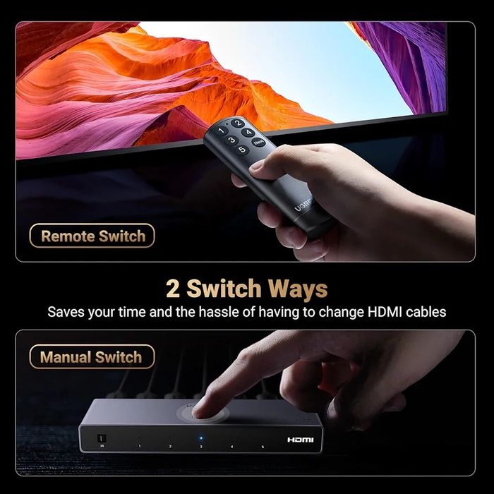 UGREEN 8K 60Hz HDMI Switch 5 in 1 Out, Aluminum, HDR10+, with Remote