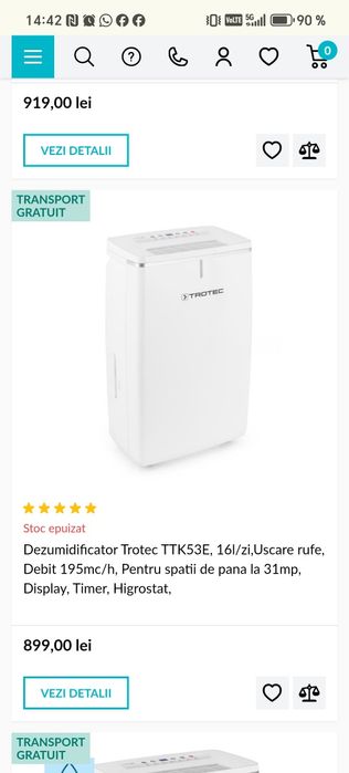 Dezumidificator Trotec TTK72E, 24l/zi, Debit 195mc/h, Pentru spatii de pana la 50mp, Display, Timer, Higrostat, Uscare rufe
