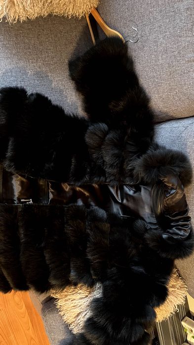 Дамско палто с естествен косъм от лисица – черно, 6 в 1, с качулка