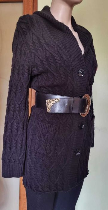 Cardigan lung, negru intens, lana 50%, bumbac 50%, marimea S