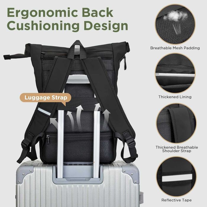 Rucsac roll top waterproof 18-27L laptop 17.3 inch din piele PU negru pentru travel scoala business