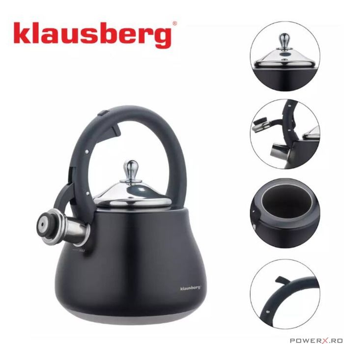 Ceainic, fierbator cu fluier, otel inoxidabil, negru cu elemente