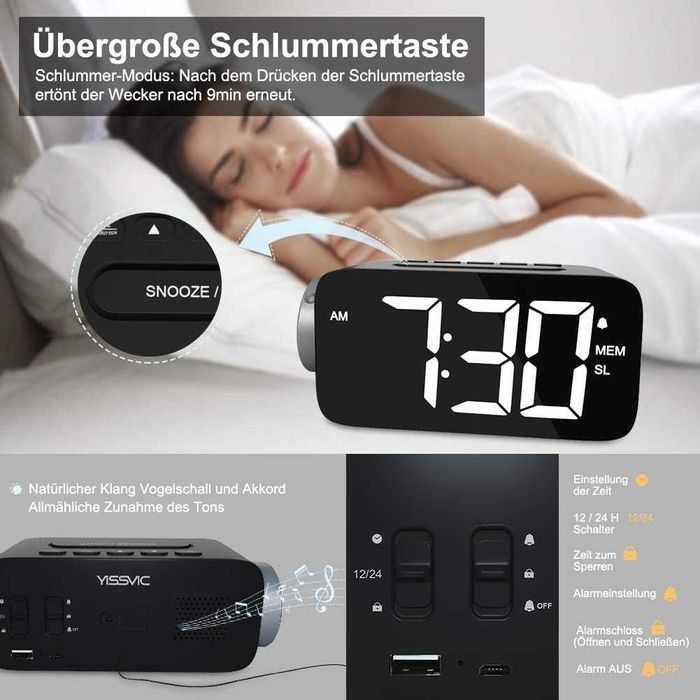 Прожекционен будилник  с FM радио и големи цифри YISSVIC LED