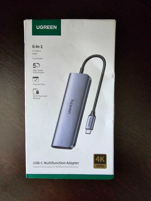 Хъб UGREEN, 6 в 1, USB-C към 2 x USB 3.0, HDMI 4K, microSD и USB-C