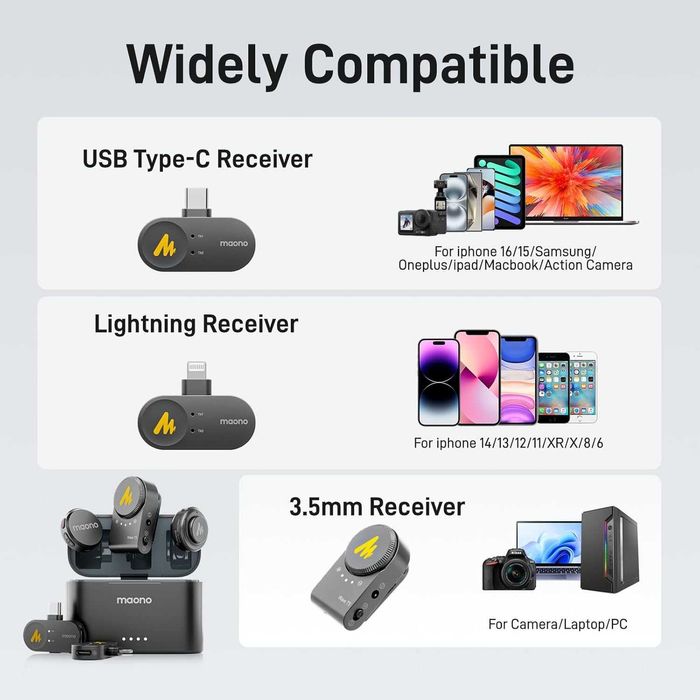 Безжичен микрофон Maono Wave T5 - За iPhone, Android и Камери (3-в-1)