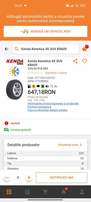 Set 4 Cauciucuri 225.55.R18 Noi Kenda M+S dot 1523